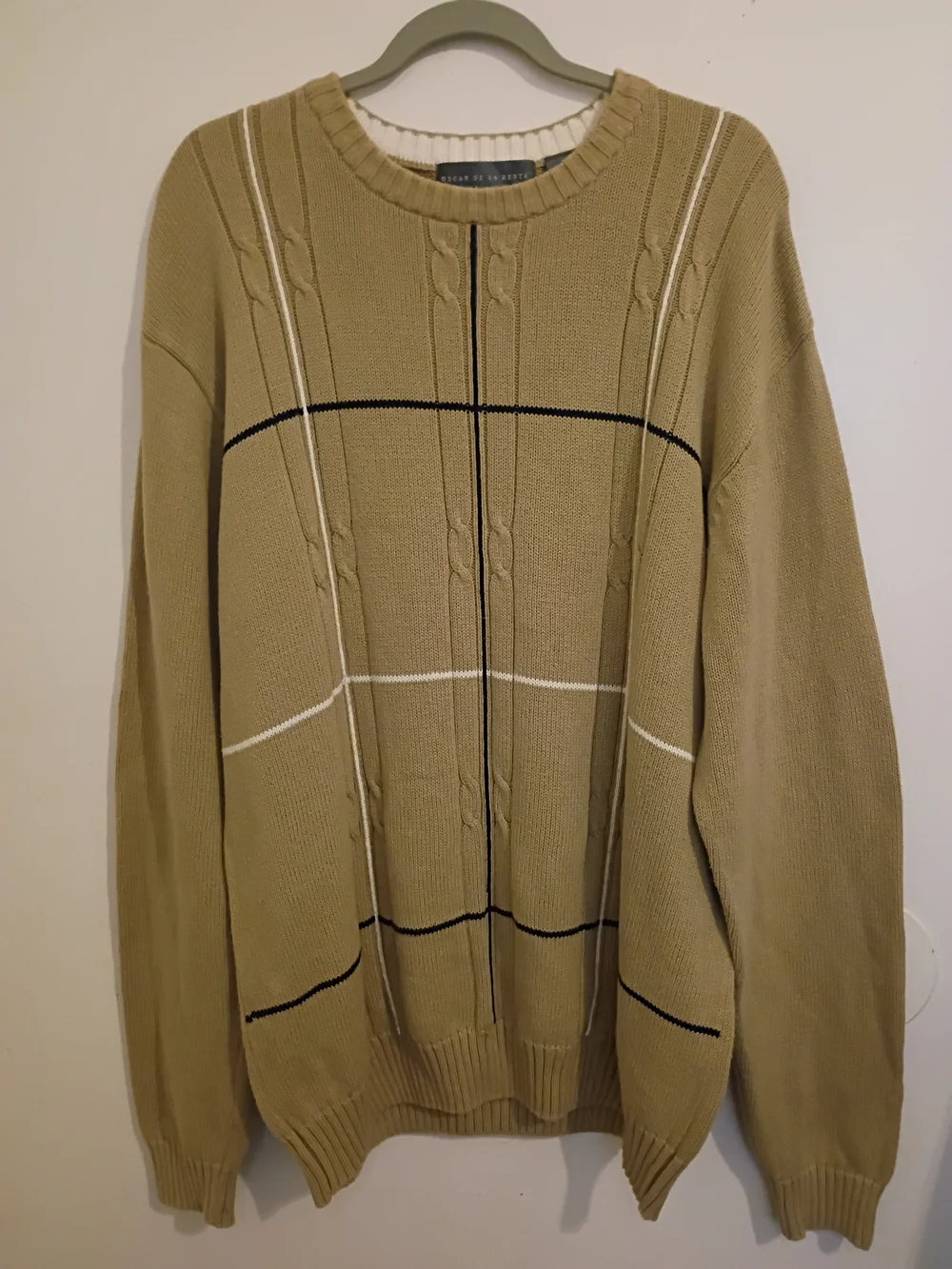 VTG Oscar de la Renta Tan Crewneck Sweater with Black & White Grid Sz XXL